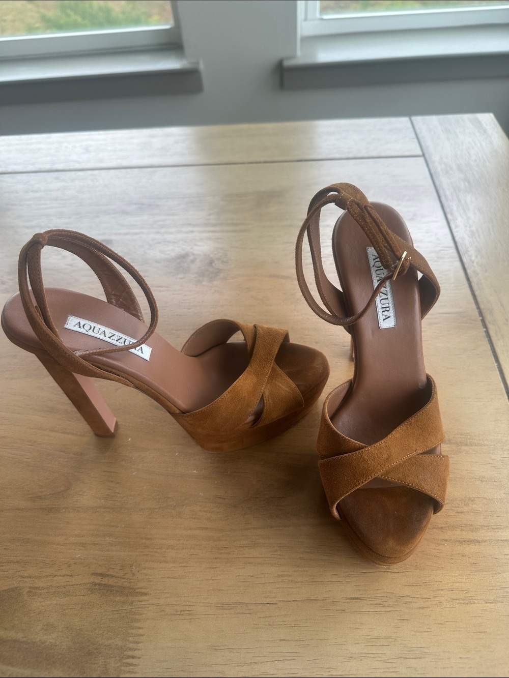 Aquazzura Cognac Suede Crisscross Platform Sandals